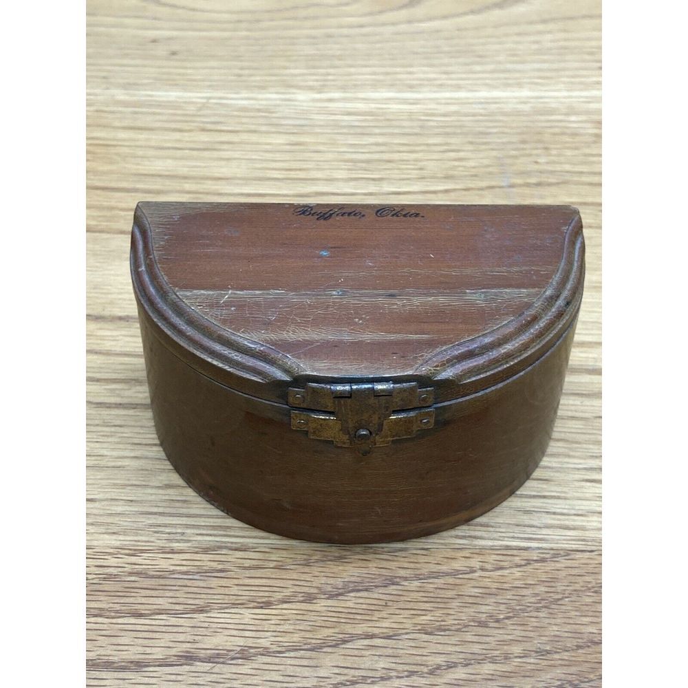 Vintage Cedar Wood Trinket Box‎ Half Moon Hinged Buffalo Oklahoma Souvenir